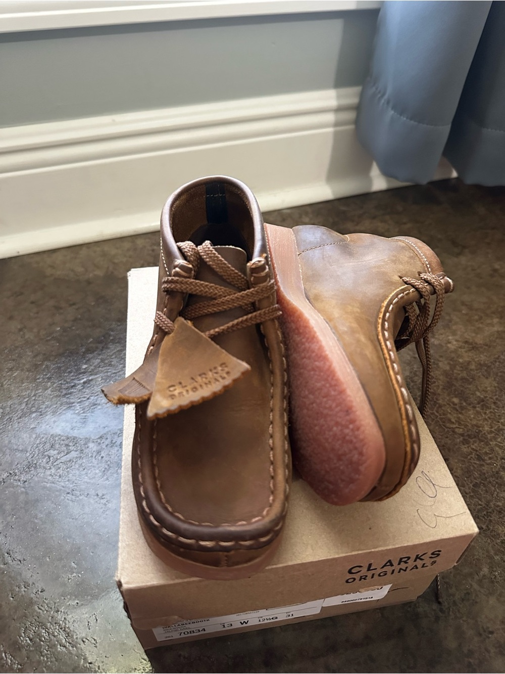 Authentic Clarks Originals Wallabee Boots in the classic brown/beeswax color